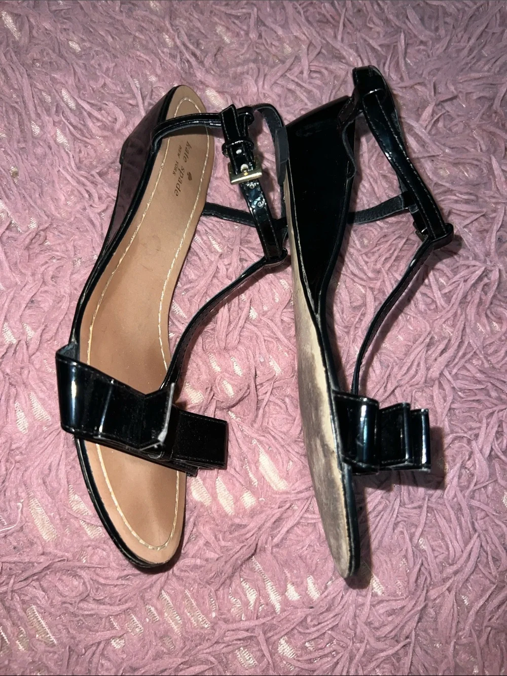 kate spade Black Patent T-Strap Bow Sandals